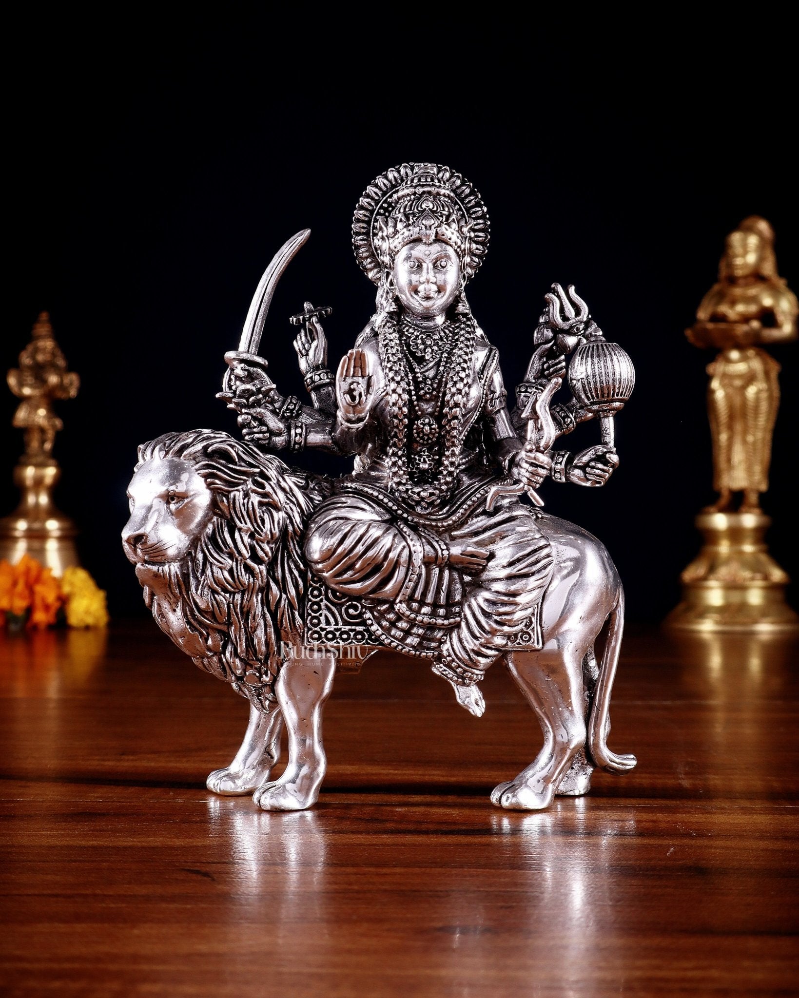 Pure Brass Superfine Durga on Lion Idol - 5 in Height silver plated - Sama Homes Idol - Brass Sculpture - Eco-friendly - Sama Homes