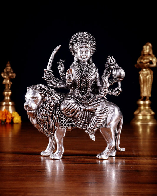 Pure Brass Superfine Durga on Lion Idol - 5 in Height silver plated - Sama Homes Idol - Brass Sculpture