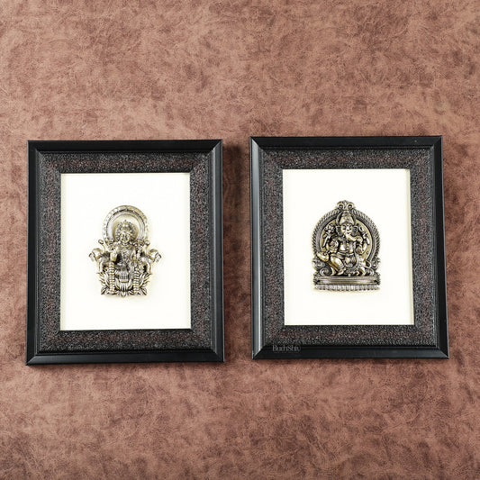Pure Brass Superfine Ganesh Lakshmi Hanging on Wooden Frame - 9.5 Inch - Sama Homes Idol - Brass Sculpture