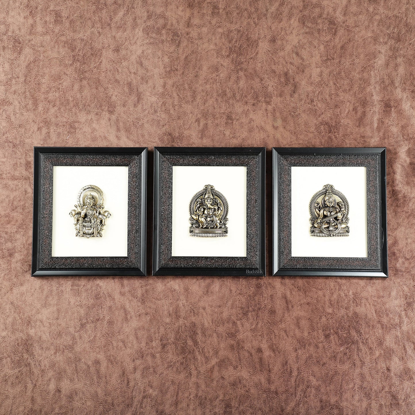 Pure Brass Superfine Ganesh Lakshmi Saraswati Hanging on Wooden Frame - 9.5 Inch - Sama Homes Idol - Brass Sculpture