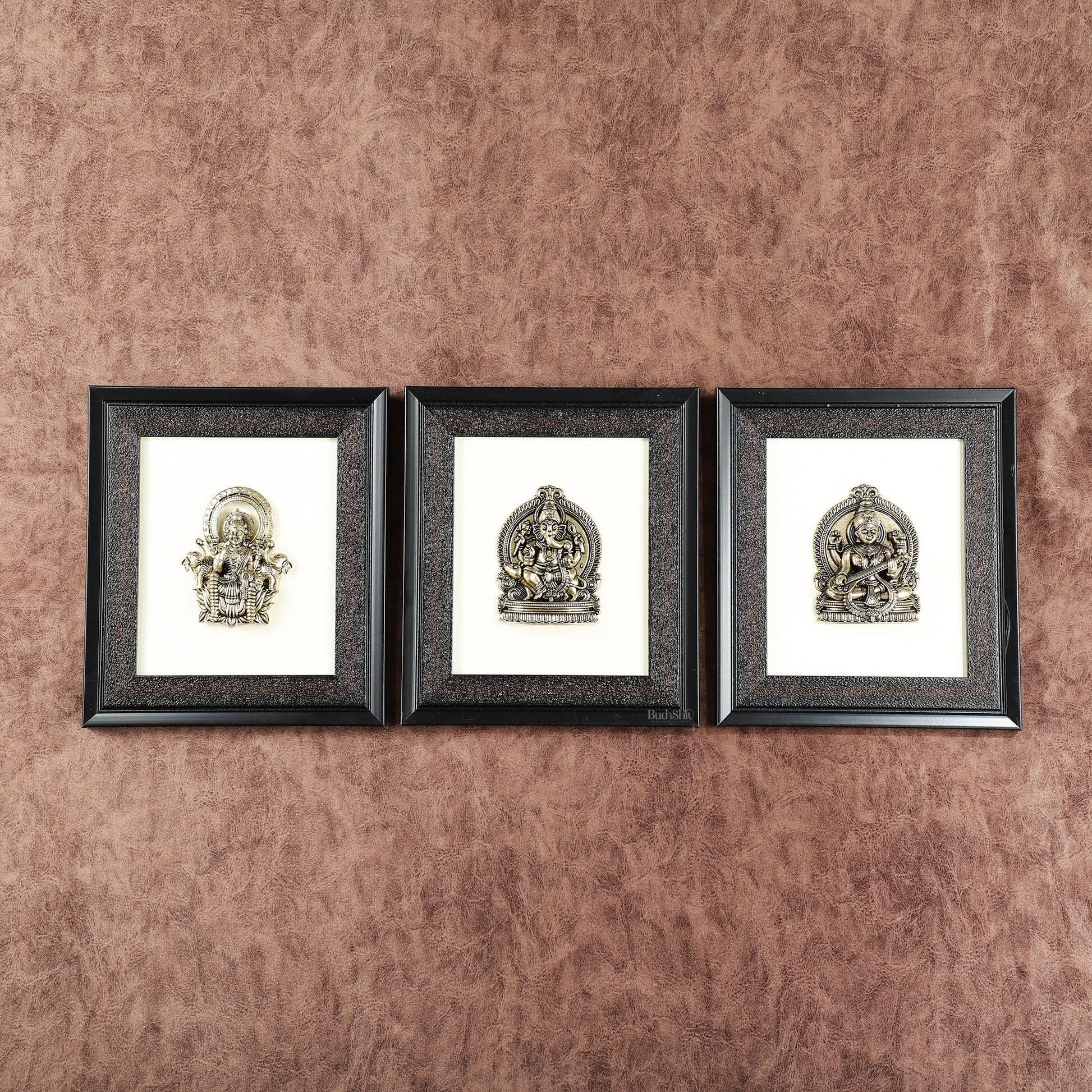Pure Brass Superfine Ganesh Lakshmi Saraswati Hanging on Wooden Frame - 9.5 Inch - Sama Homes Idol - Brass Sculpture - Eco-friendly - Sama Homes