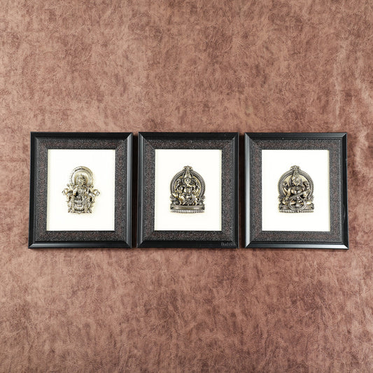 Pure Brass Superfine Ganesh Lakshmi Saraswati Hanging on Wooden Frame - 9.5 Inch - Sama Homes Idol - Brass Sculpture