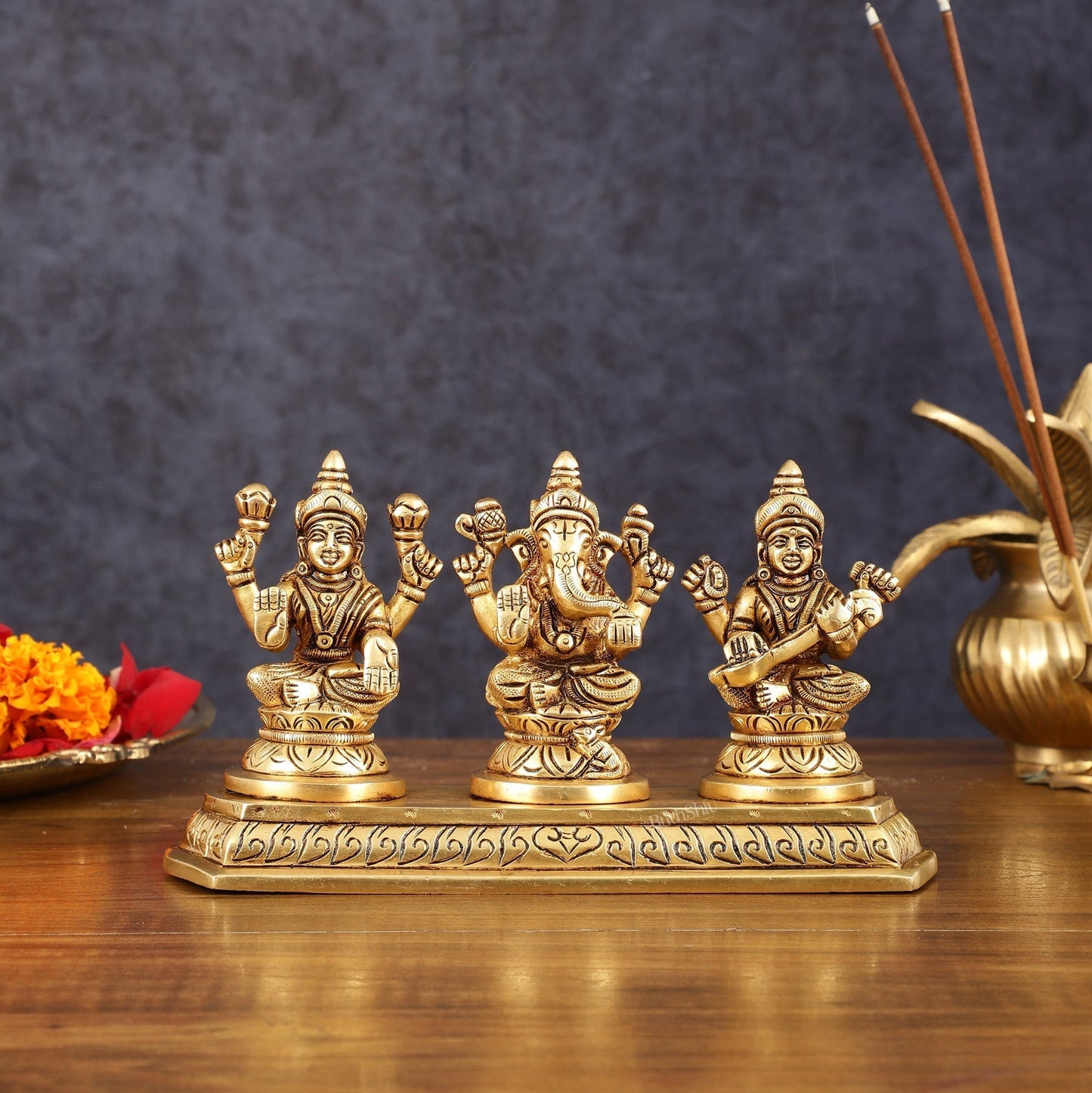 Pure Brass Superfine Ganesh Lakshmi Saraswati Idol - 4" Height - Sama Homes Idol - Brass Sculpture