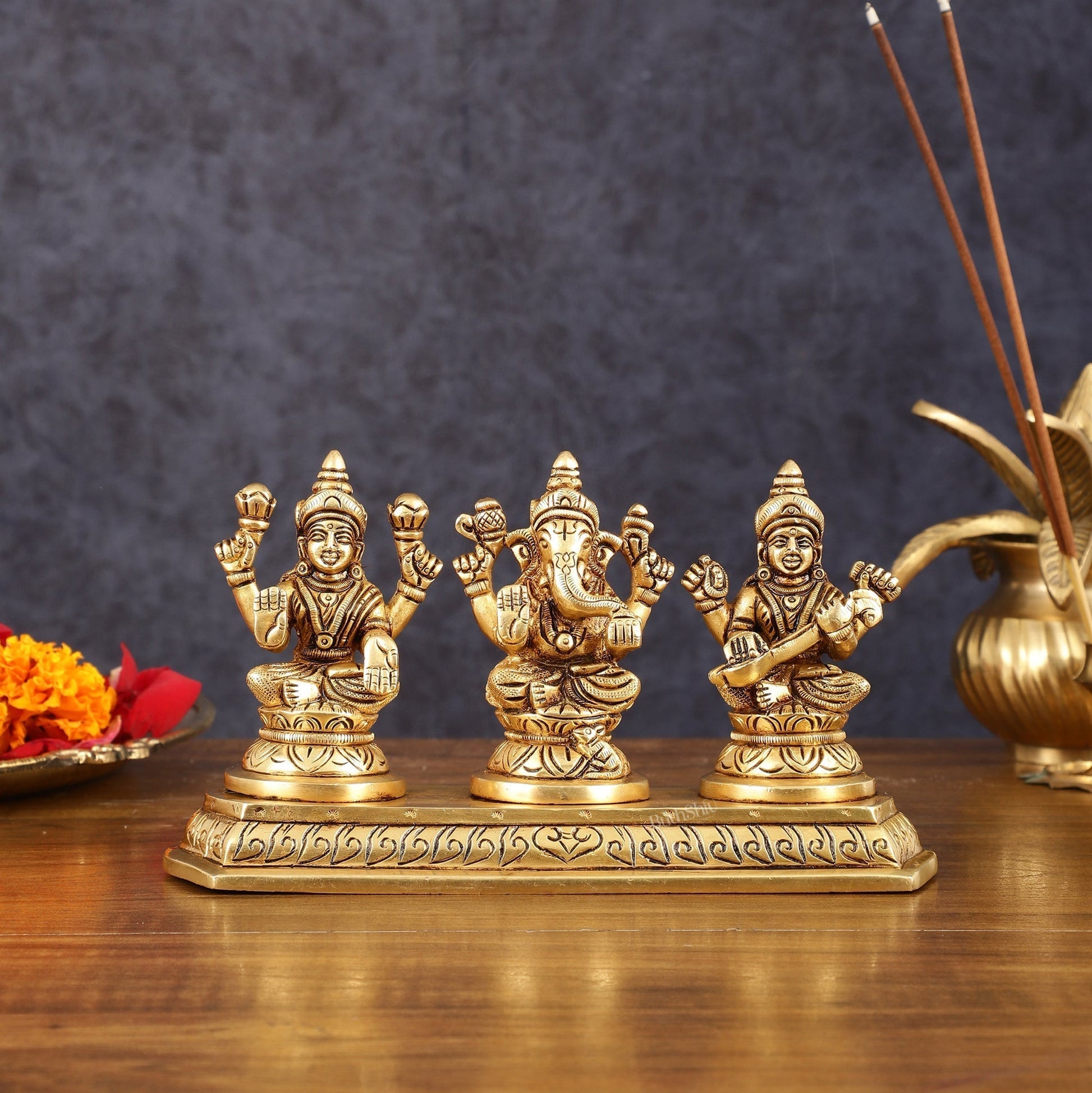 Pure Brass Superfine Ganesh Lakshmi Saraswati Idol - 4" Height - Sama Homes Idol - Brass Sculpture - Eco-friendly - Sama Homes