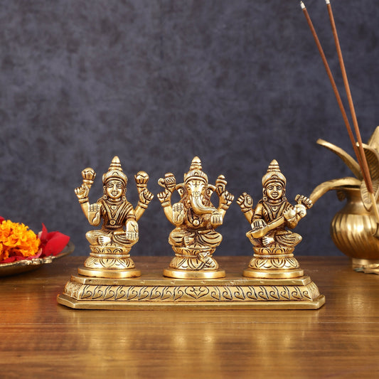 Pure Brass Superfine Ganesh Lakshmi Saraswati Idol - 4" Height - Sama Homes Idol - Brass Sculpture