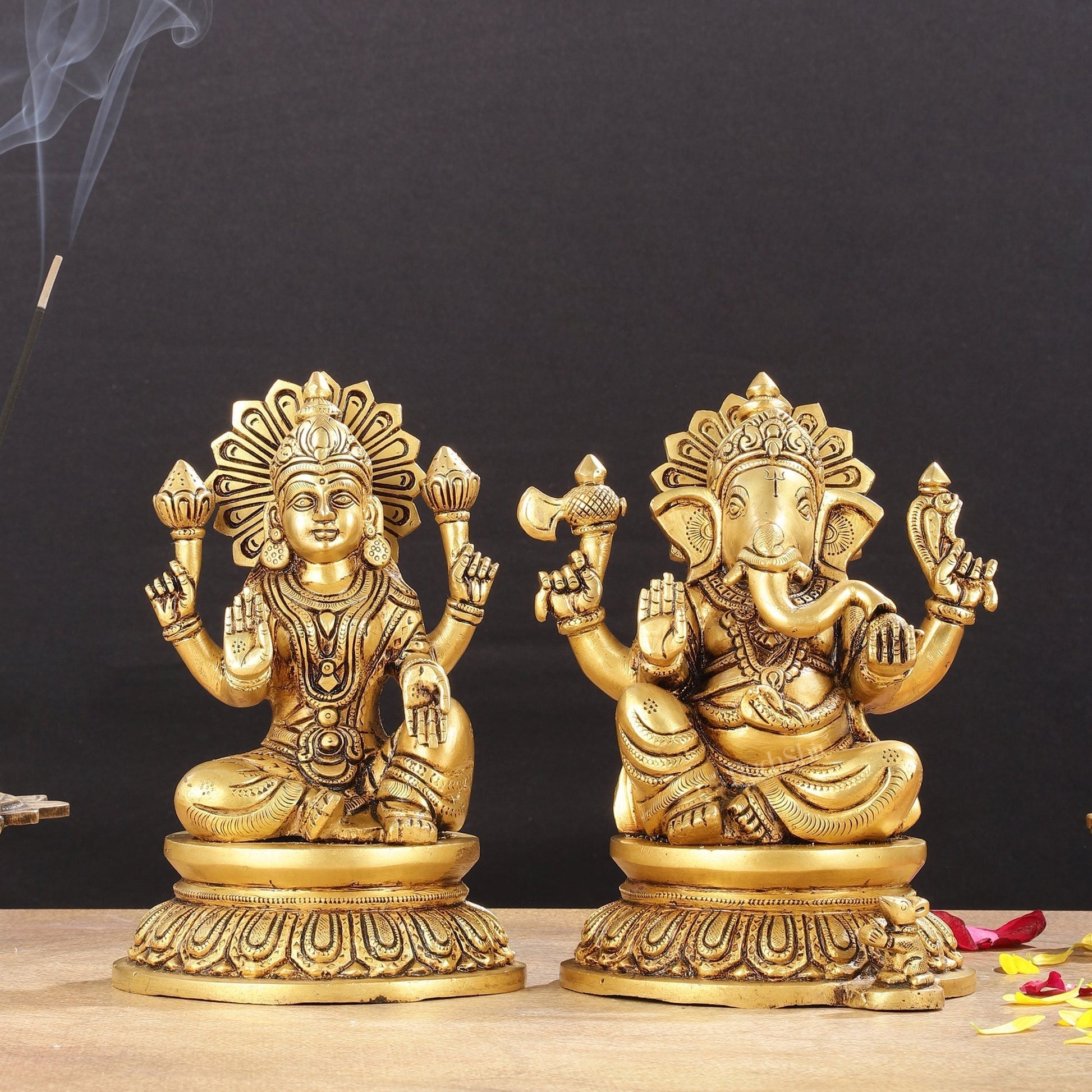 Pure Brass Superfine Ganesha Lakshmi Idols - Exquisite 8-Inch pair - Sama Homes Idol - Brass Sculpture - Eco-friendly - Sama Homes