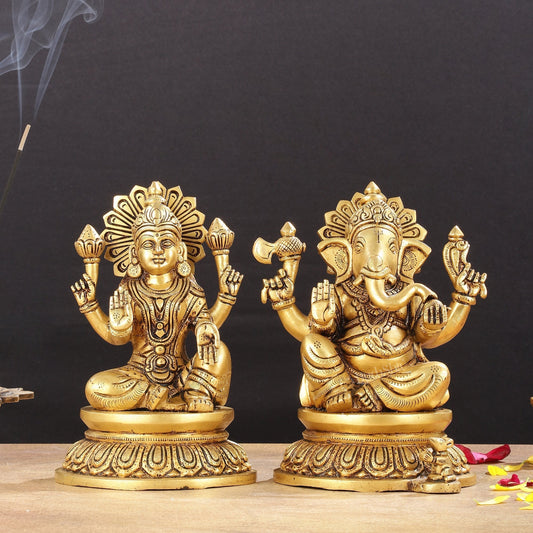 Pure Brass Superfine Ganesha Lakshmi Idols - Exquisite 8-Inch pair - Sama Homes Idol - Brass Sculpture