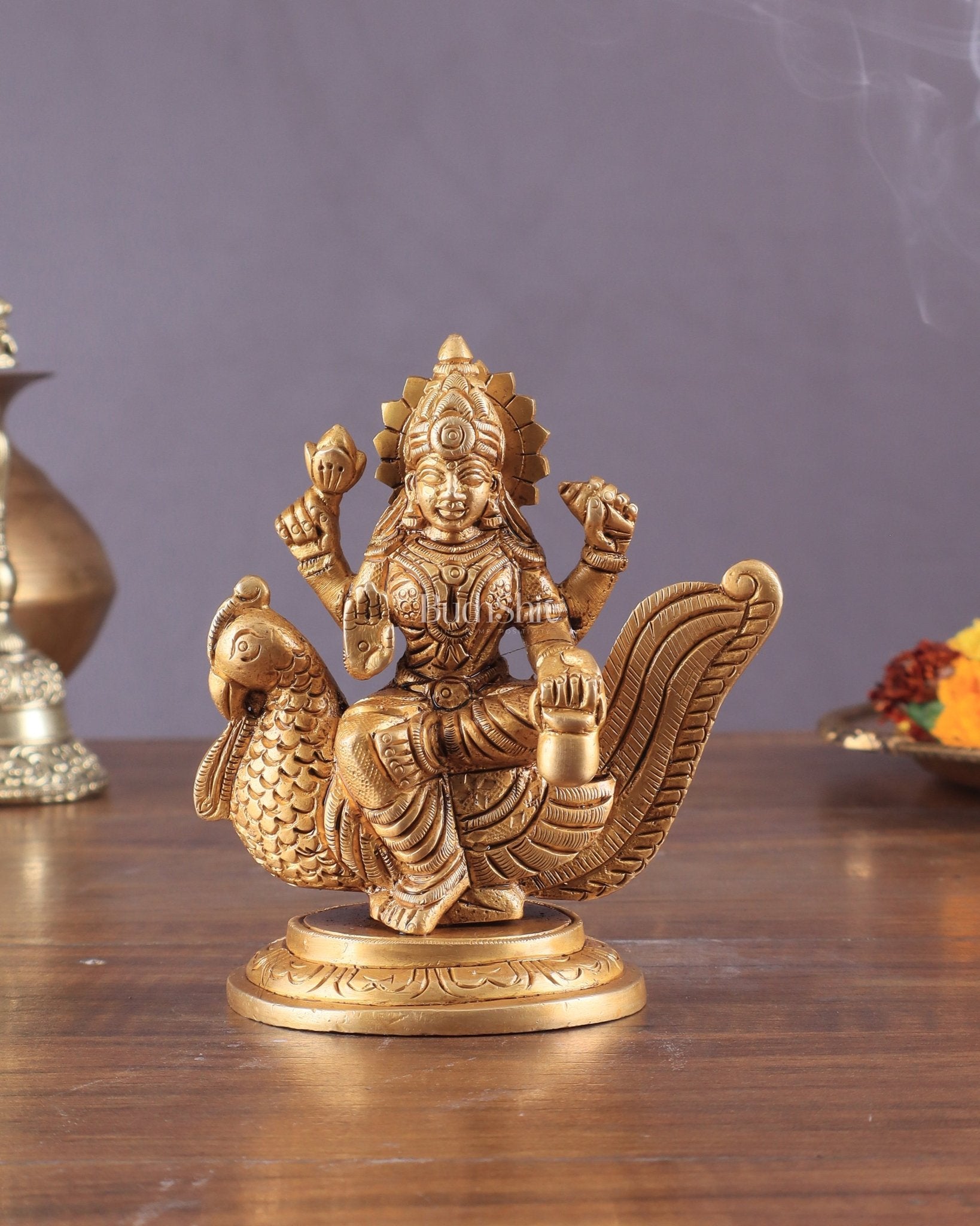 Pure Brass Superfine Goddess Gayatri Sitting on Swan Idol 4.5" - Sama Homes Idol - Brass Sculpture - Eco-friendly - Sama Homes