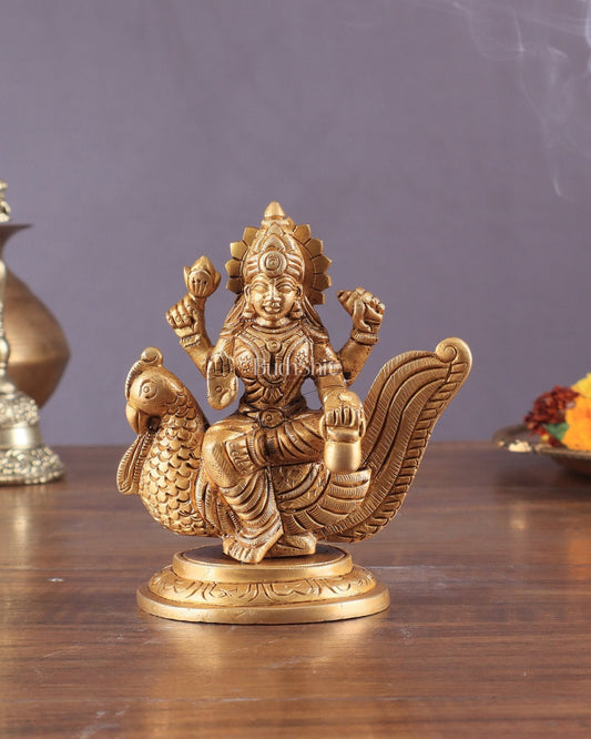 Pure Brass Superfine Goddess Gayatri Sitting on Swan Idol 4.5" - Sama Homes Idol - Brass Sculpture