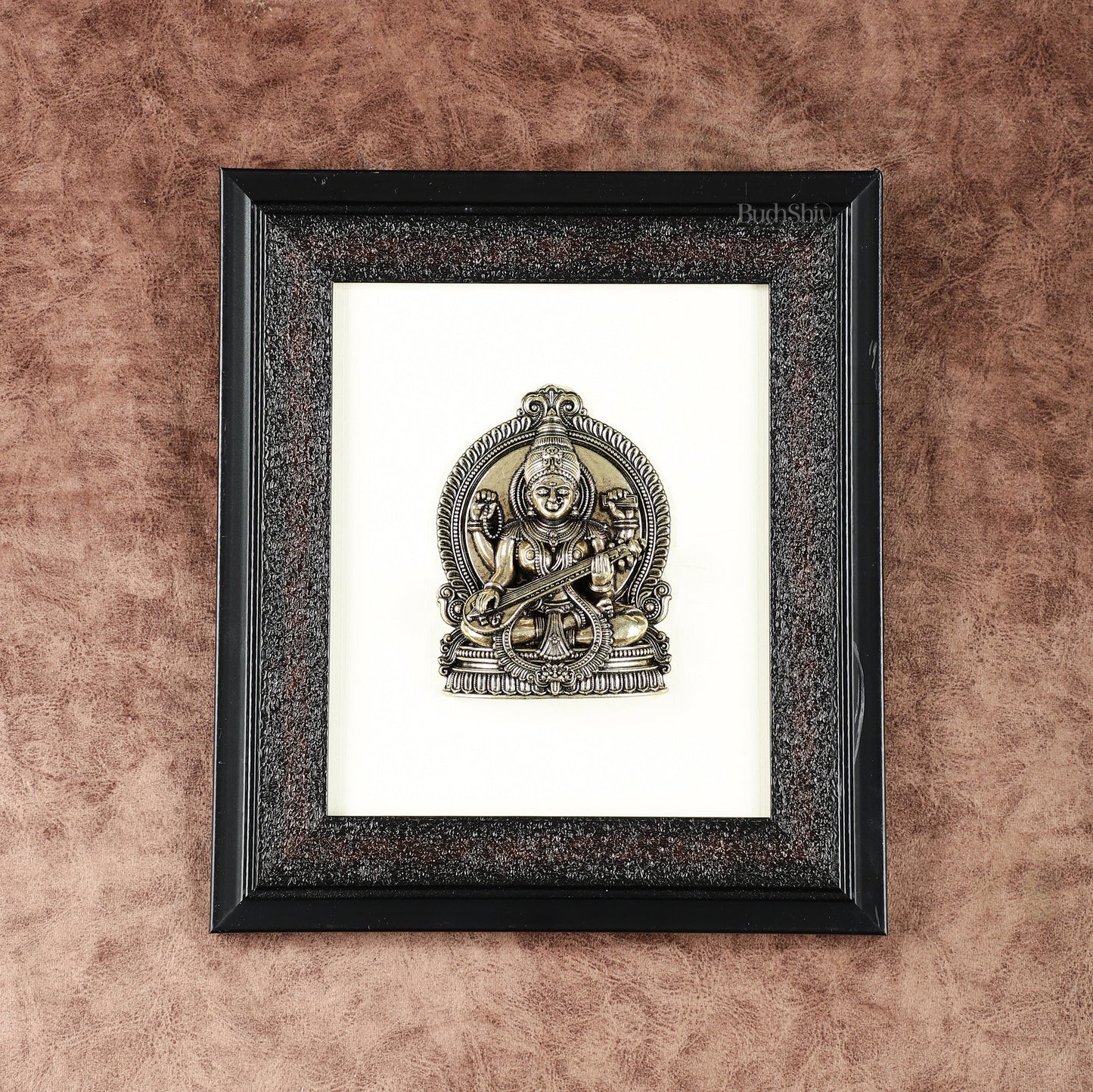 Pure Brass Superfine Goddess Saraswati Hanging on Wooden Frame - 9.5 Inch - Sama Homes Idol - Brass Sculpture