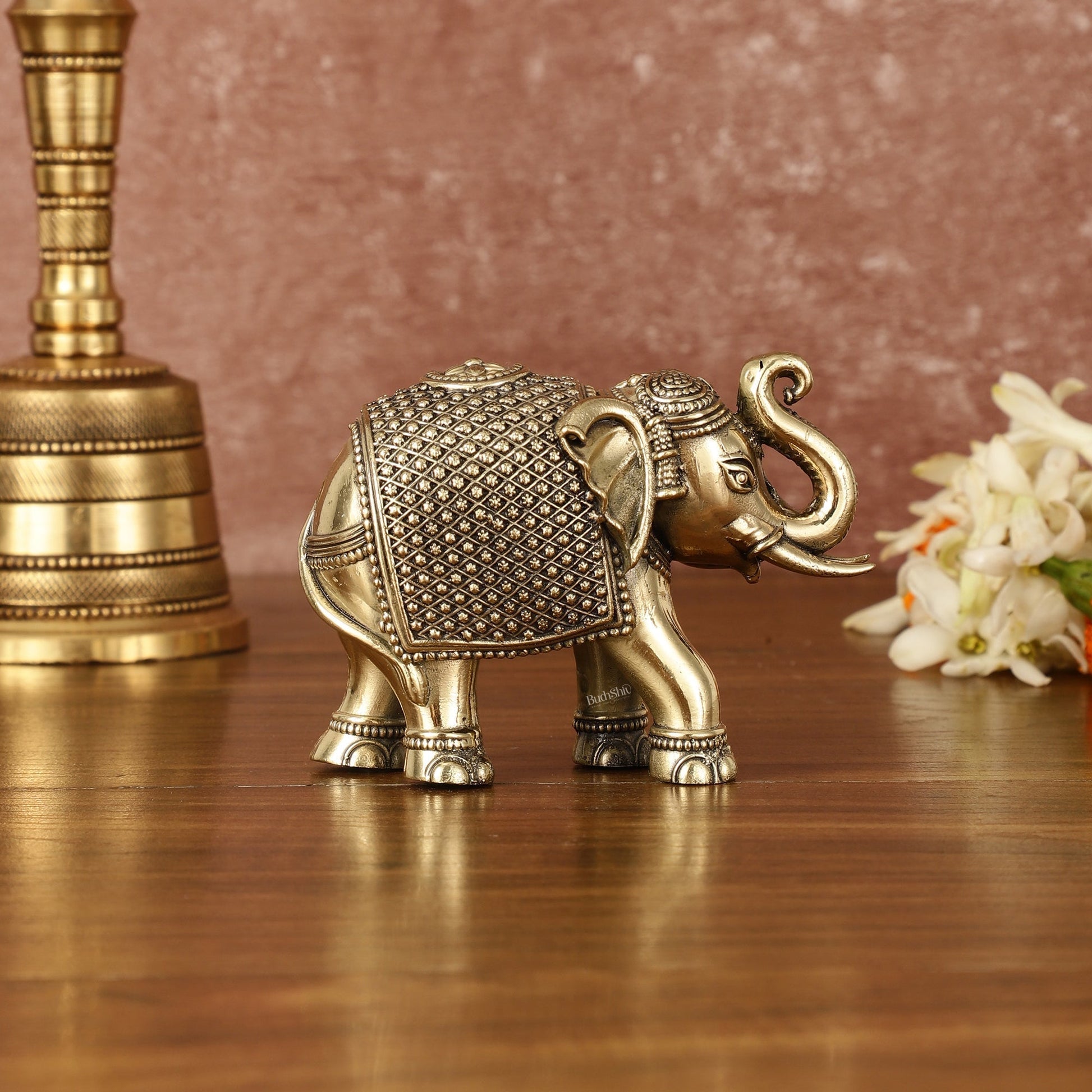 Pure Brass Superfine Intricate Elephant Showpiece - 4" - Eco-friendly - Sama Homes