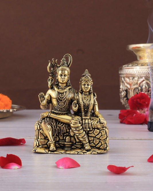 Pure Brass Superfine Intricate Shiv Parvati Idol - 5" Tall golden tone - Sama Homes Idol - Brass Sculpture