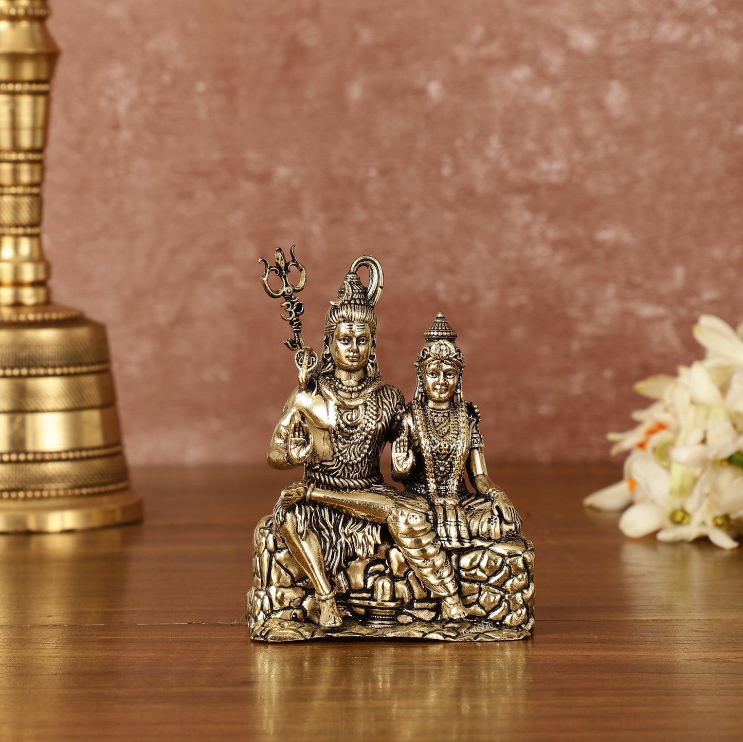 Pure Brass Superfine Intricate Shiv Parvati Idol - 5" Tall - Sama Homes Idol - Brass Sculpture