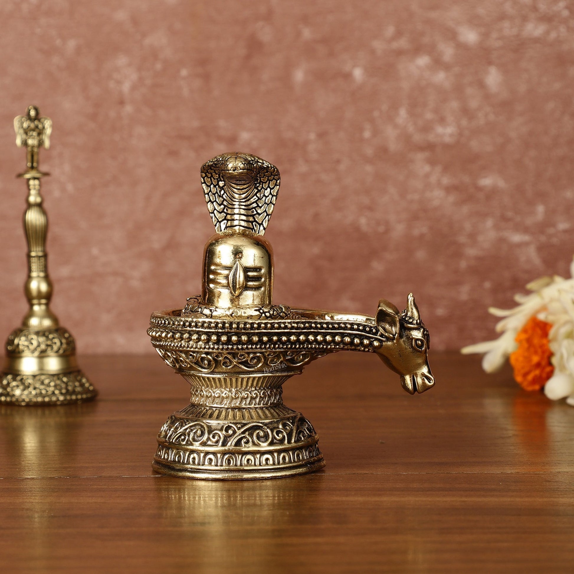 Pure Brass Superfine Intricate Shivling with Nandi Face - 4" Tall - Sama Homes Idol - Brass Sculpture - Eco-friendly - Sama Homes