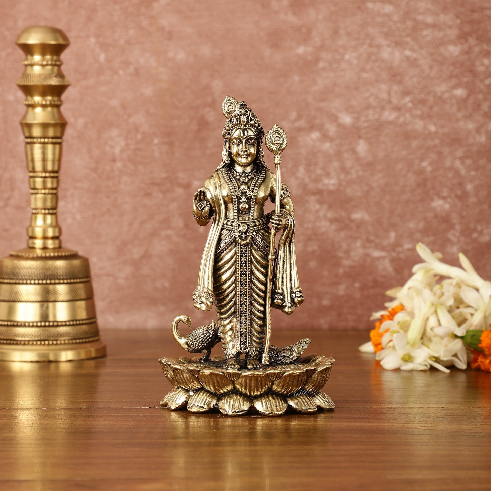 Pure Brass Superfine Intricately Carved Murugan with Peacock Idol - 6" Tall - Sama Homes Idol - Brass Sculpture - Eco-friendly - Sama Homes