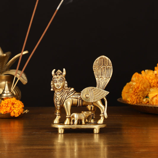 Pure Brass Superfine Kamadhenu Cow with Calf Idol - 3.5" Divine Sculpture - Sama Homes Idol - Brass Sculpture