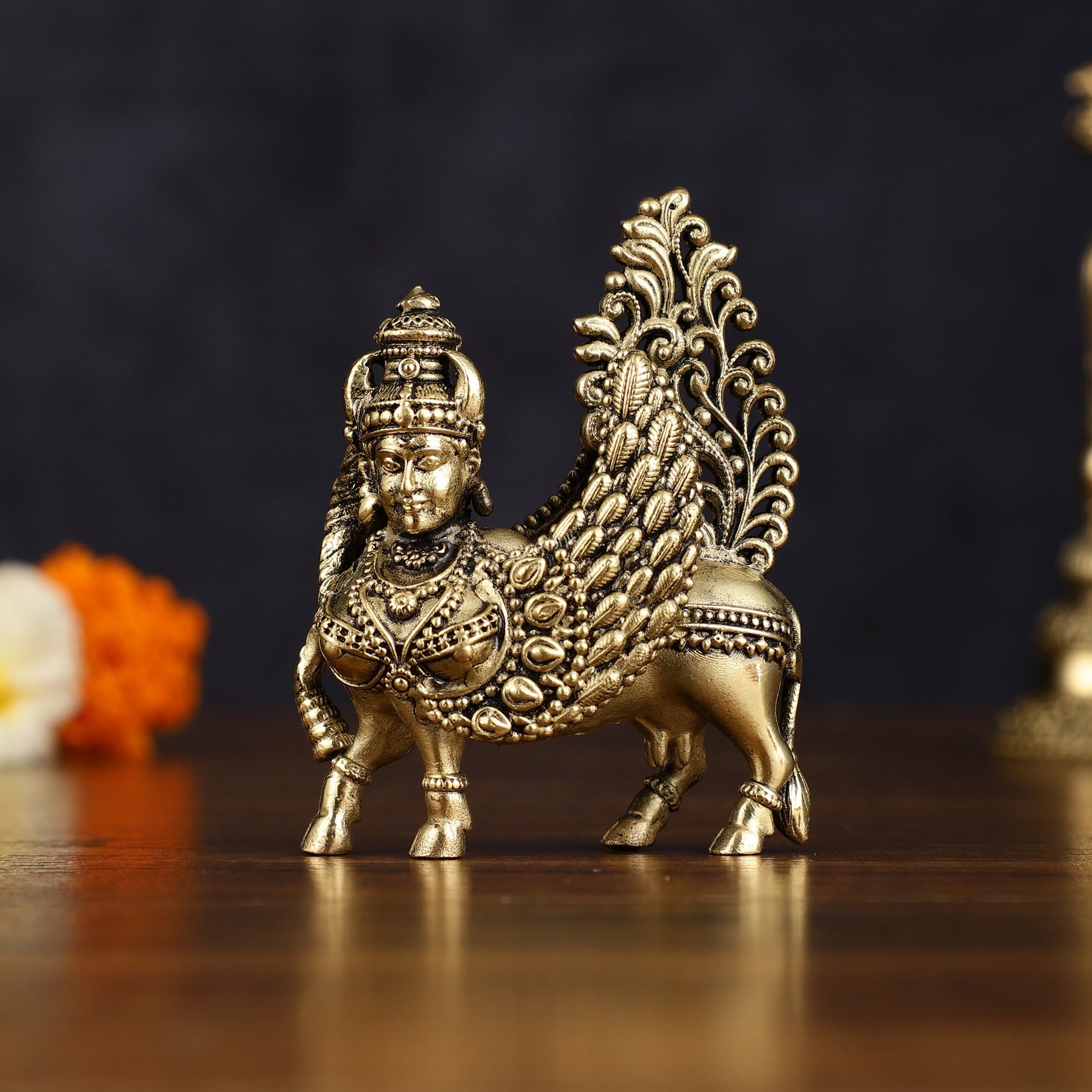 Pure Brass Superfine Kamadhenu Cow with Wings - Intricate Statue 3" - Sama Homes Idol - Brass Sculpture - Eco-friendly - Sama Homes