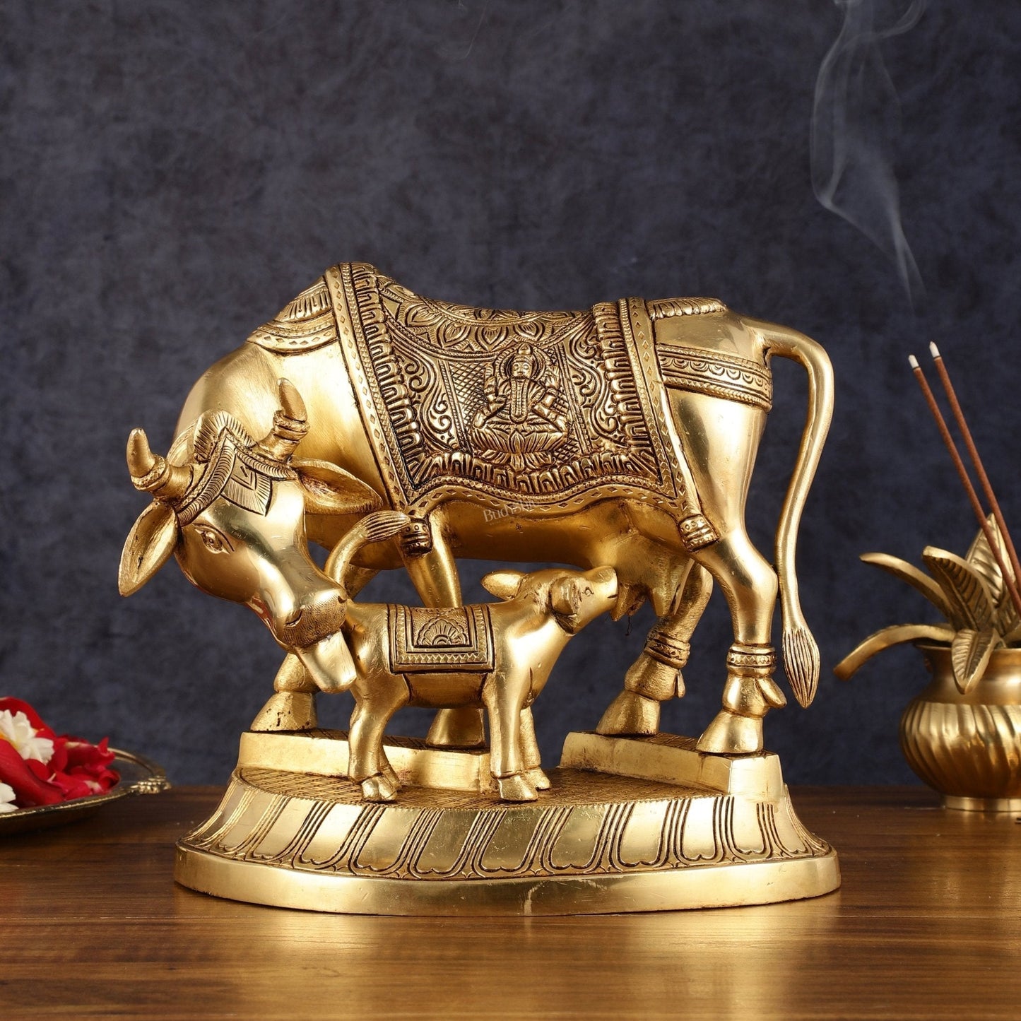Pure Brass Superfine Kamdhenu Cow with Calf - 10" - Sama Homes Idol - Brass Sculpture