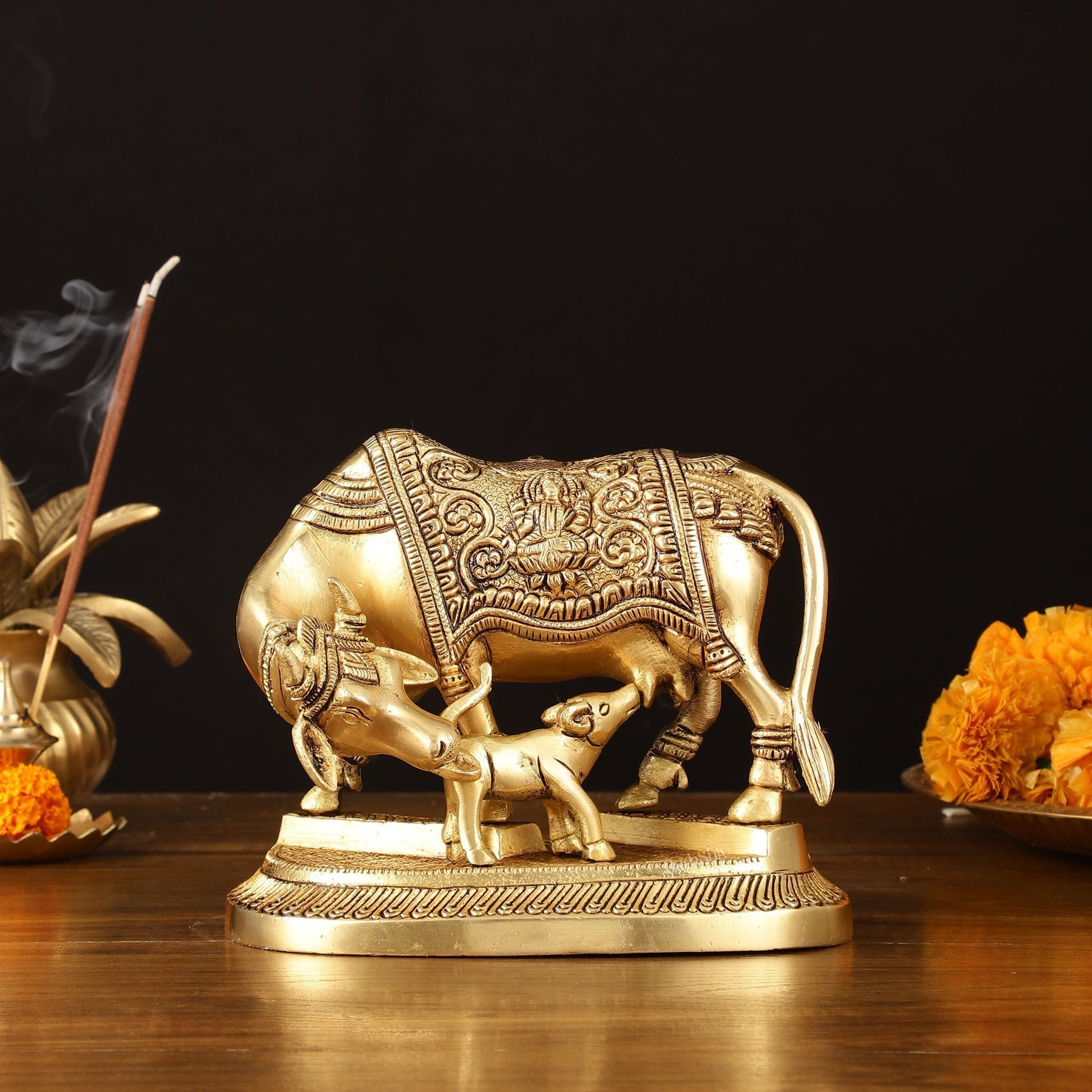 Pure Brass Kamdhenu Cow with Calf Idol – 7 Inch Width, Vastu Sculpture for Prosperity, 2.25 kg - Eco-friendly - Sama Homes