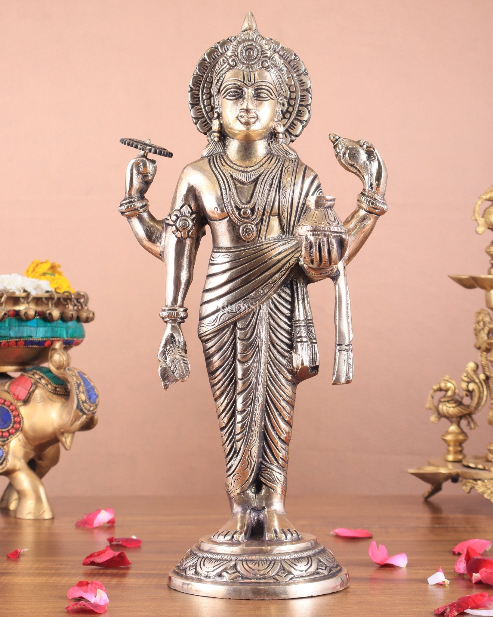 Pure Brass Superfine Lord Dhanvantari Statue with Enhanced Carvings 15 inch matte finish - Sama Homes Idol - Brass Sculpture - Eco-friendly - Sama Homes