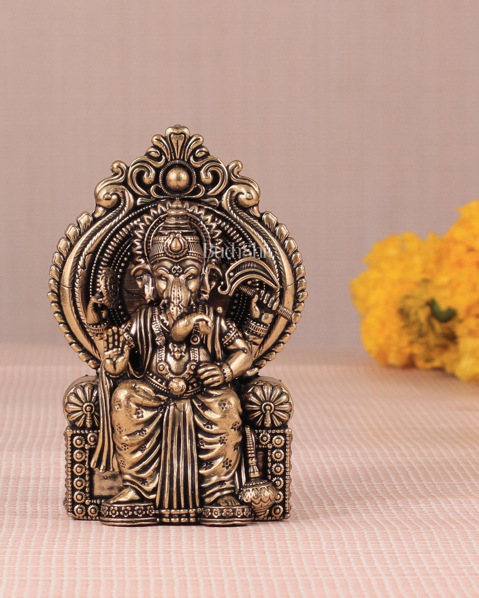 Pure Brass Superfine Lord Ganesha as Lalbaugcha Raja - 3.8" - Sama Homes Idol - Brass Sculpture - Eco-friendly - Sama Homes