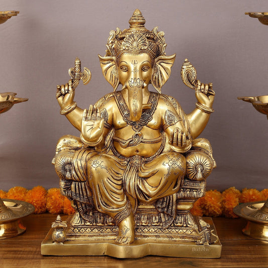 Pure Brass Superfine Lord Ganesha Seated on Throne Statue - 18" Majestic Idol - Sama Homes Idol - Brass Sculpture