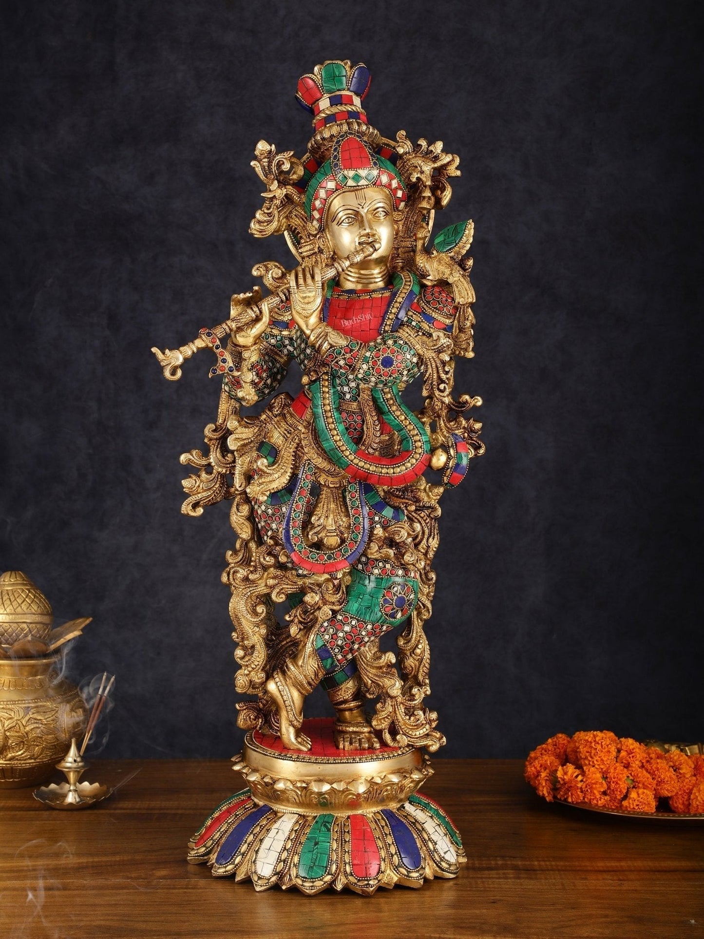 Pure Brass Superfine Lord Krishna Statue with Stonework, 27" Height - Sama Homes Idol - Brass Sculpture