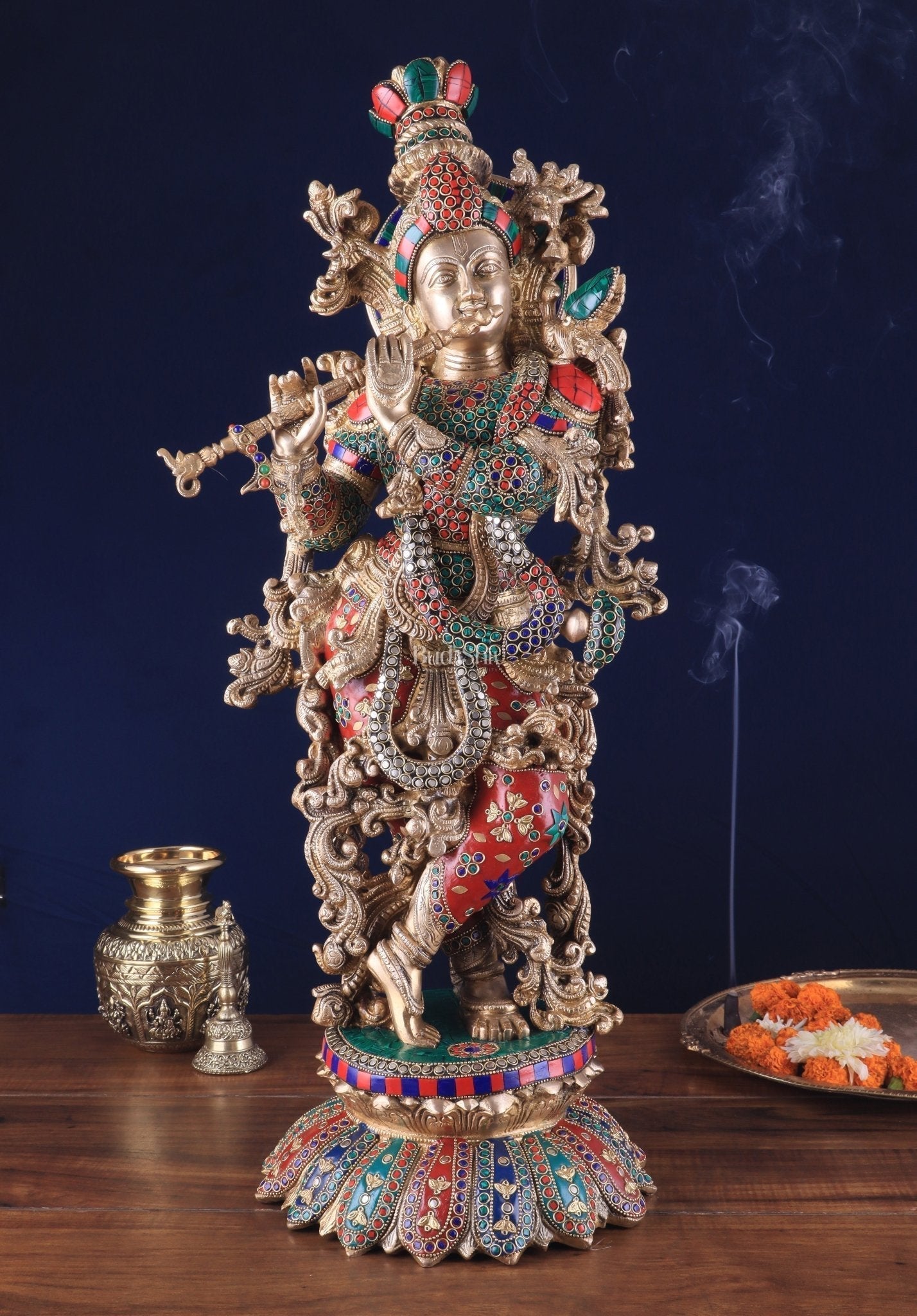 Pure Brass Superfine Lord Krishna Statue with Stonework, 27" Height - Sama Homes Idol - Brass Sculpture