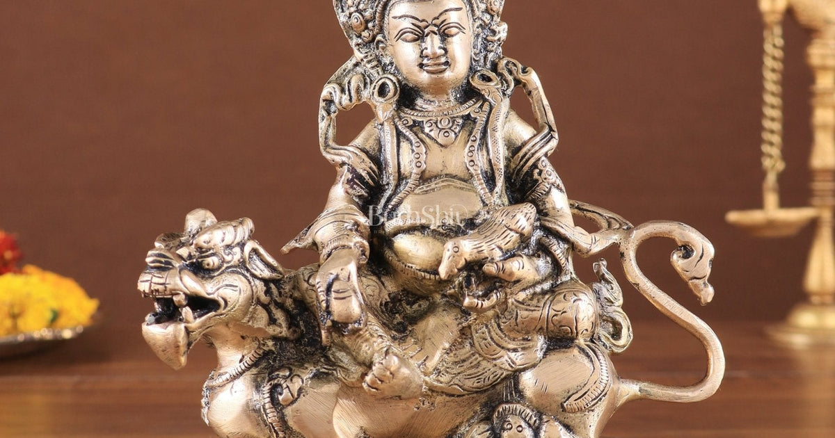 Pure Brass Superfine Lord Kubera Seated on a Lion Statue 7"