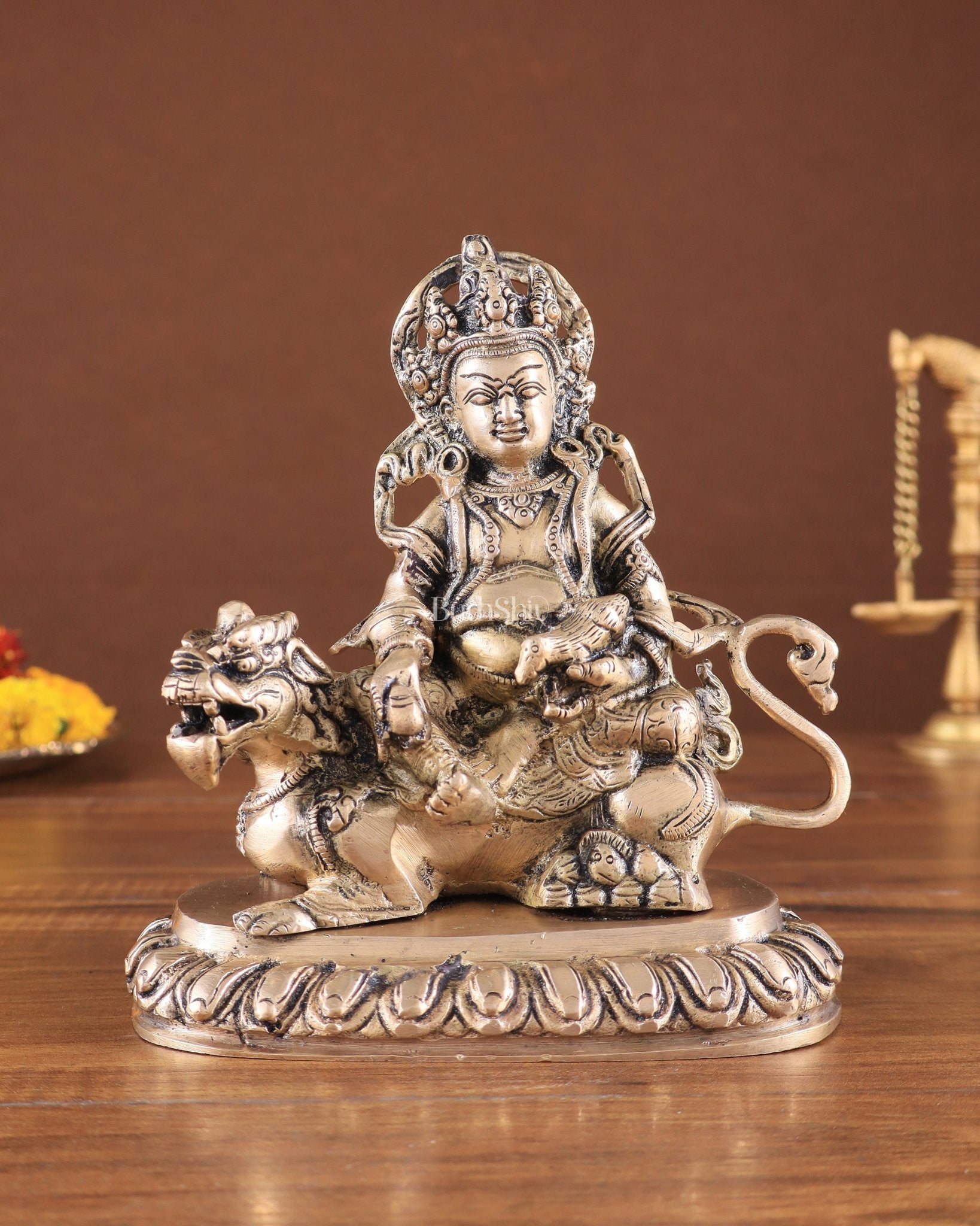 Pure Brass Superfine Lord Kubera Seated on a Lion Statue 7" - Eco-friendly - Sama Homes