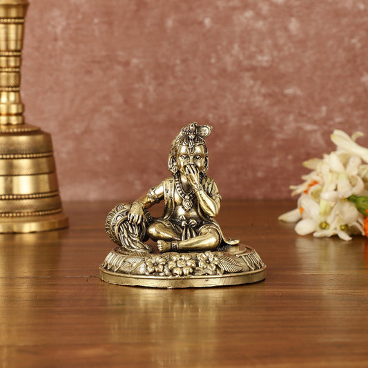 Pure Brass Superfine Makhan Chor Baal Krishna Idol - 3" Tall - Sama Homes Idol - Brass Sculpture