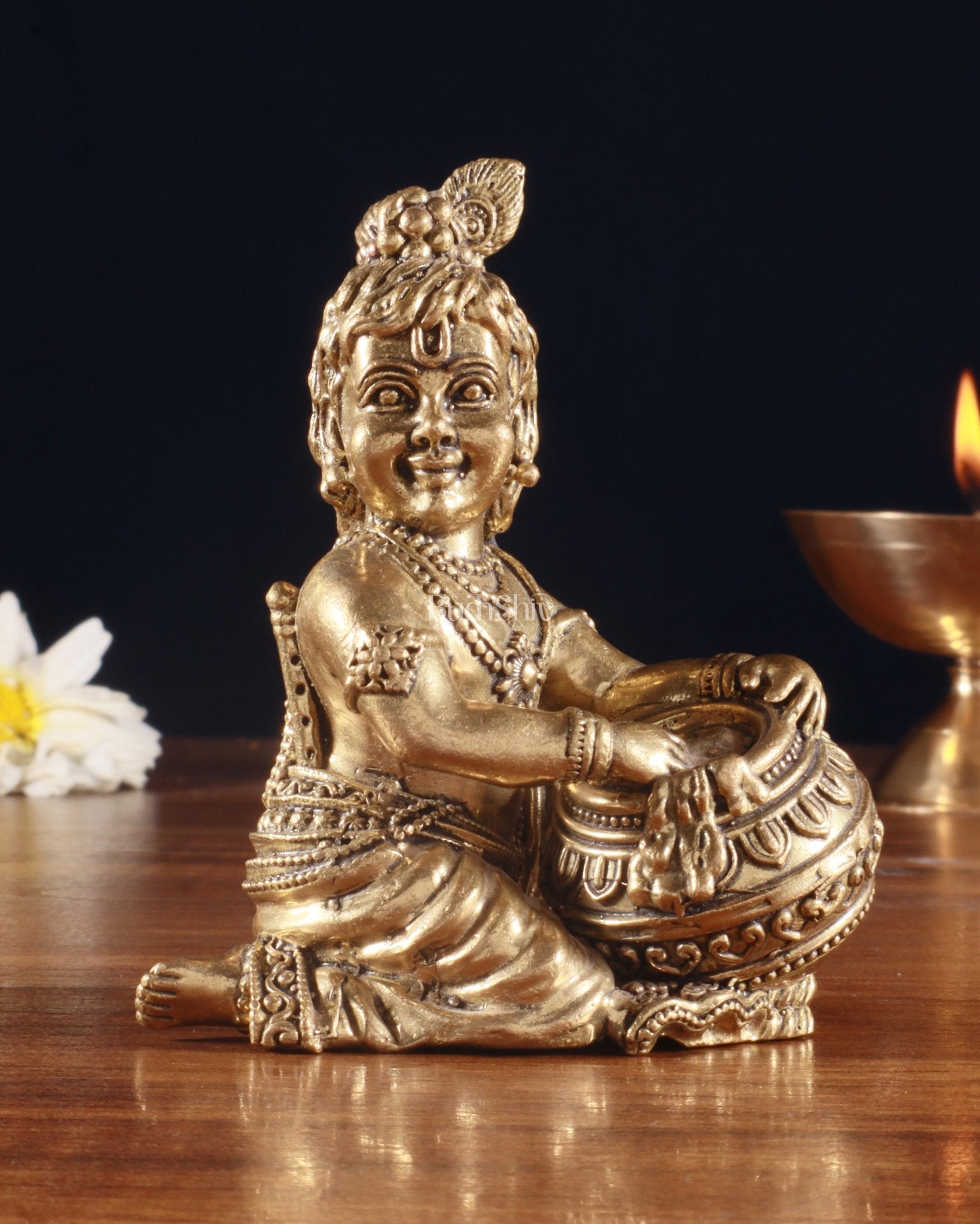 Pure Brass Superfine Makhan Chor Bal Gopal Krishna Idol – 3.5 Inch - Sama Homes Idol - Brass Sculpture - Eco-friendly - Sama Homes