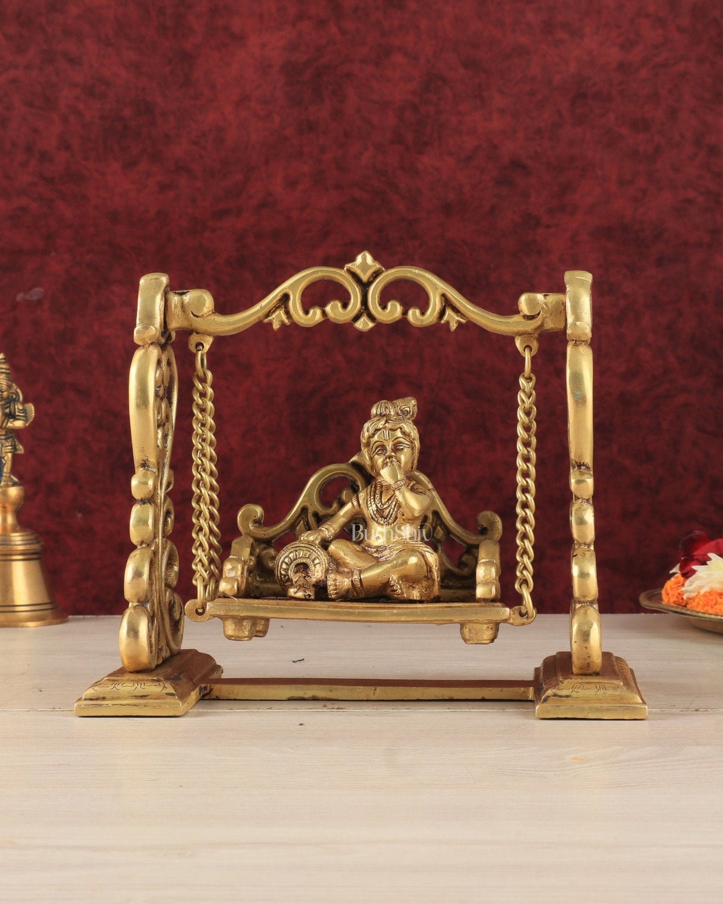 Pure Brass superfine Makhan Chor Bal Krishna on Swing Idol - 7" Height - Sama Homes Idol - Brass Sculpture