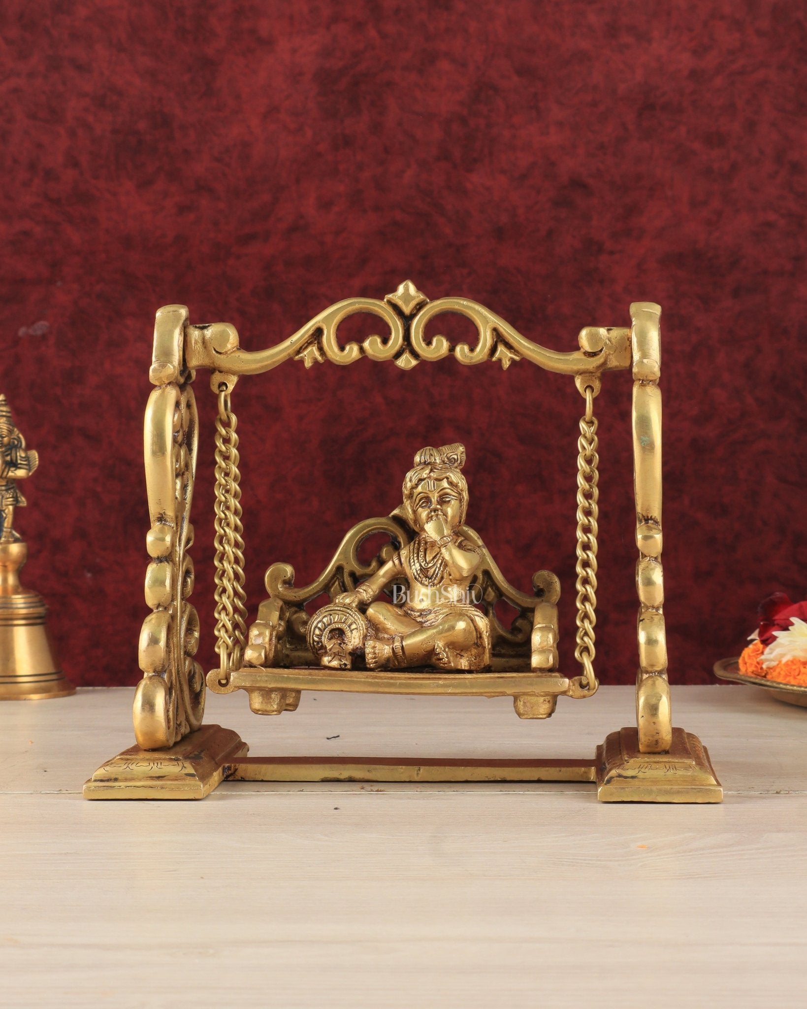Pure Brass superfine Makhan Chor Bal Krishna on Swing Idol - 7" Height - Sama Homes Idol - Brass Sculpture - Eco-friendly - Sama Homes