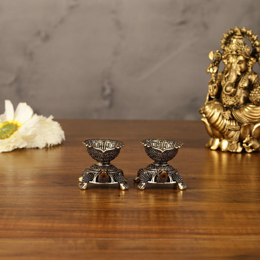 Pure Brass Superfine Miniature Vastu Tortoise/Turtle Oil Lamps Diya Pair - 2" - Sama Homes Idol - Brass Sculpture