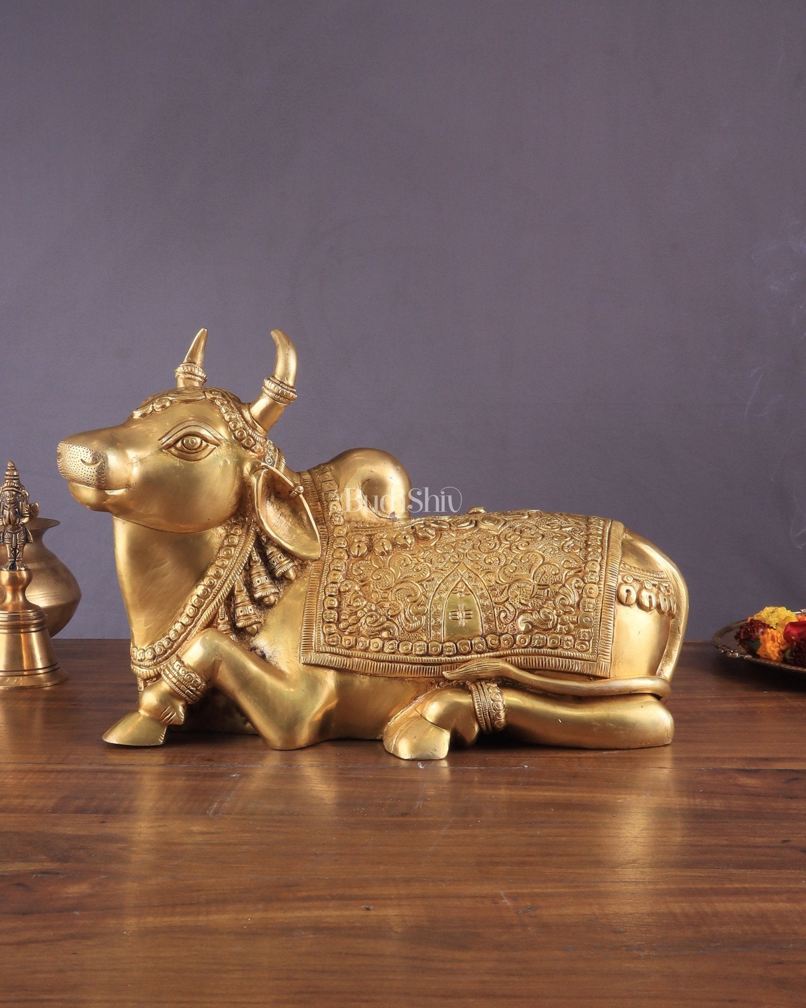 Pure Brass Superfine Nandi with Shiv Ling Carving | 14" - Sama Homes Idol - Brass Sculpture - Eco-friendly - Sama Homes