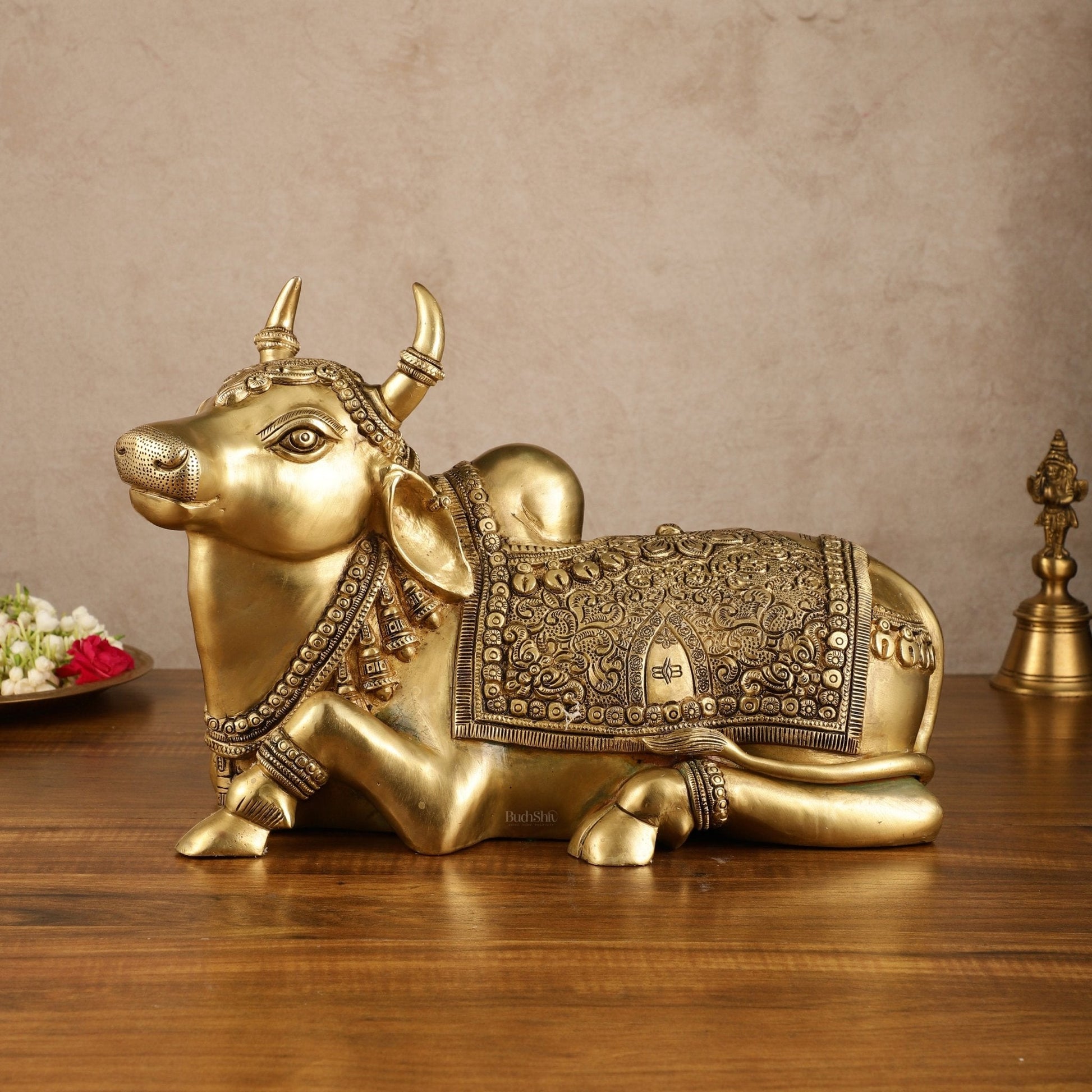 Pure Brass Superfine Nandi with Shiv Ling Carving | 14x10 Inch - Sama Homes Idol - Brass Sculpture - Eco-friendly - Sama Homes