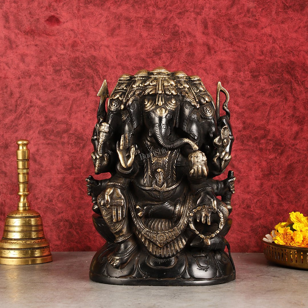 Pure Brass Superfine Panchmukhi Ganesha Statue 11" - Sama Homes Idol - Brass Sculpture