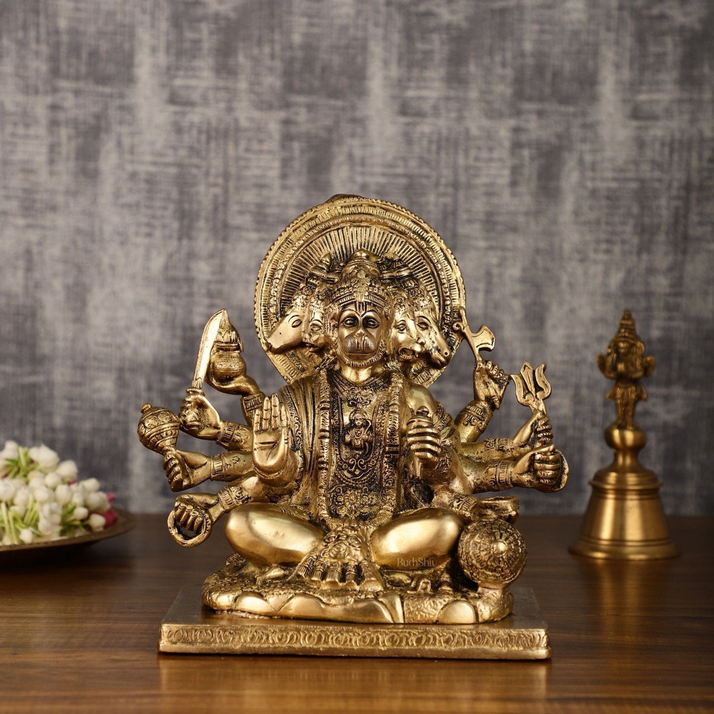Pure Brass Superfine Panchmukhi Hanuman Blessing Statue - 10 inch antique finish - Sama Homes Idol - Brass Sculpture