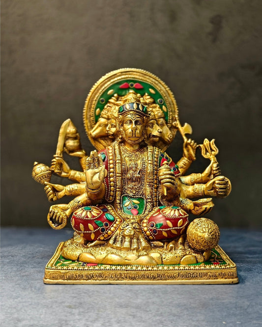 Pure Brass Superfine Panchmukhi Hanuman Blessing Statue - 10 inch multicolour - Sama Homes Idol - Brass Sculpture