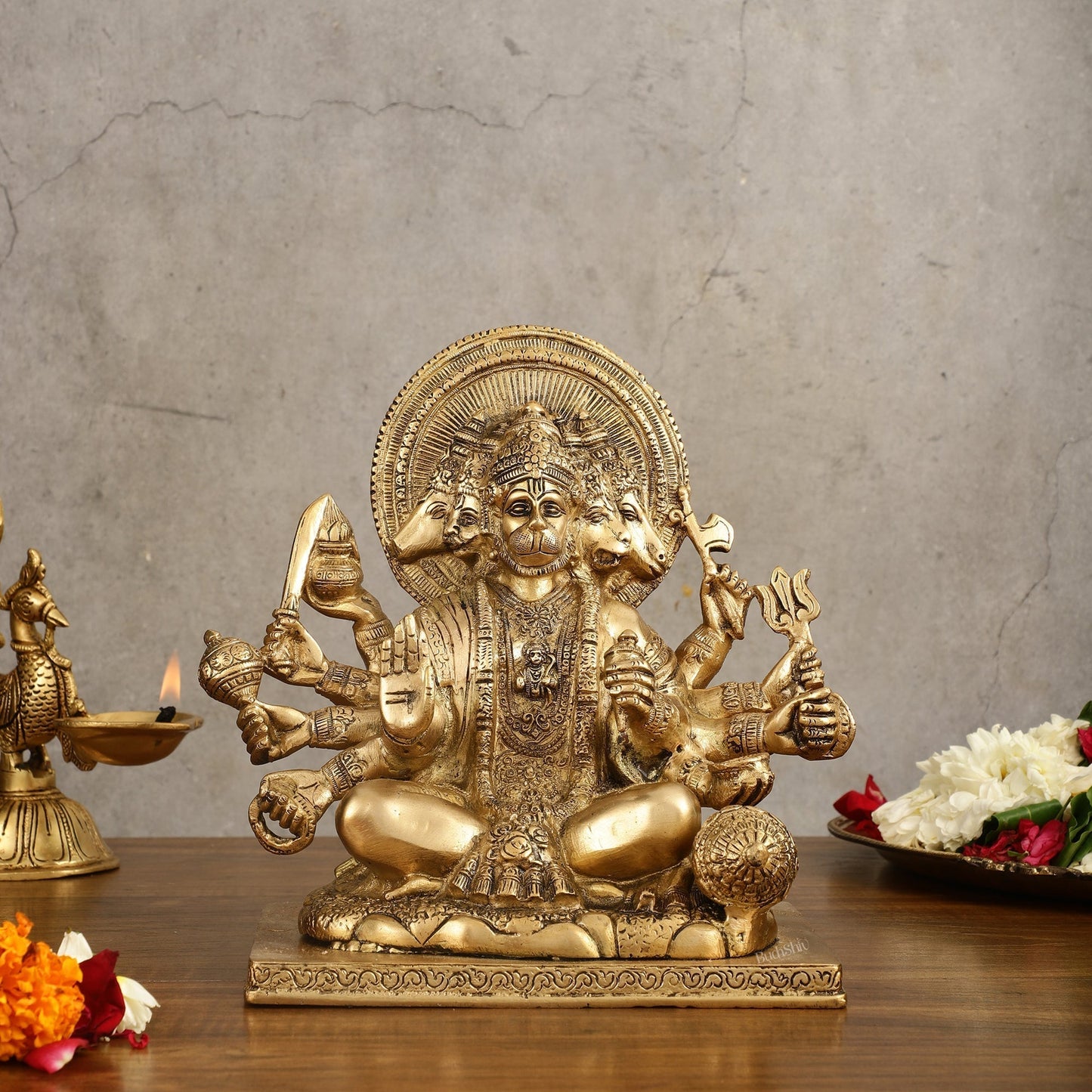 Pure Brass Superfine Panchmukhi Hanuman Blessing Statue - 10 inch - Sama Homes Idol - Brass Sculpture