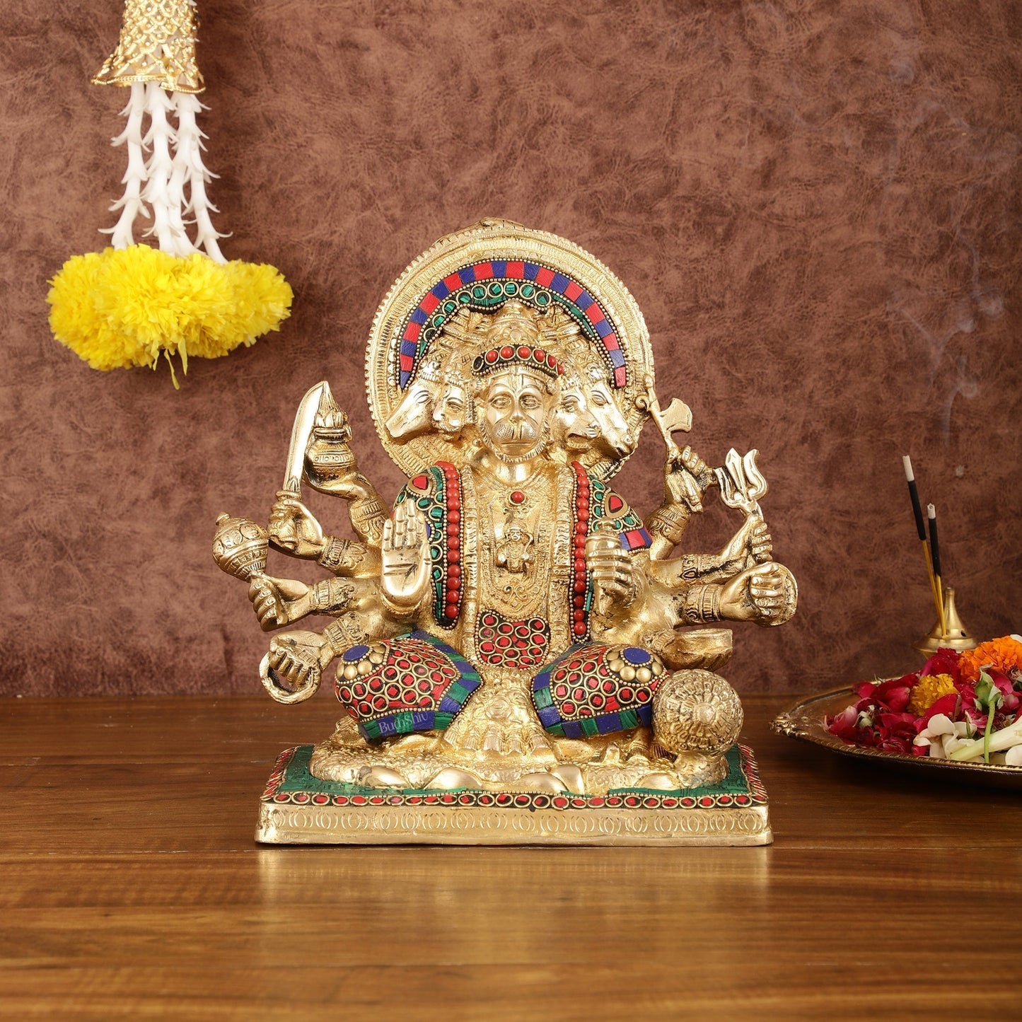 Pure Brass Superfine Panchmukhi Hanuman Blessing Statue with Multicolour Meenakari - 10" - Sama Homes Idol - Brass Sculpture