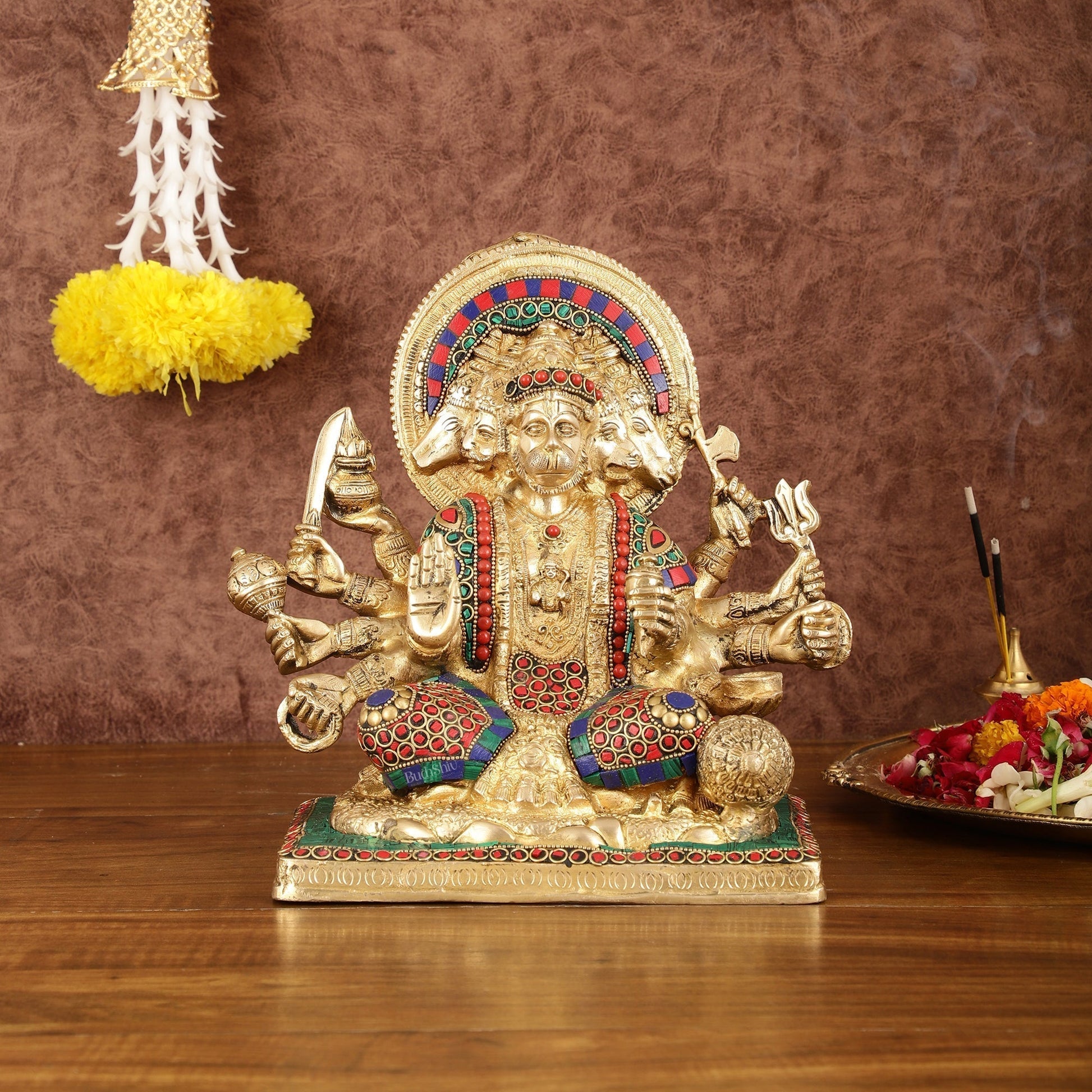 Pure Brass Superfine Panchmukhi Hanuman Blessing Statue with Multicolour Meenakari - 10" - Sama Homes Idol - Brass Sculpture - Eco-friendly - Sama Homes