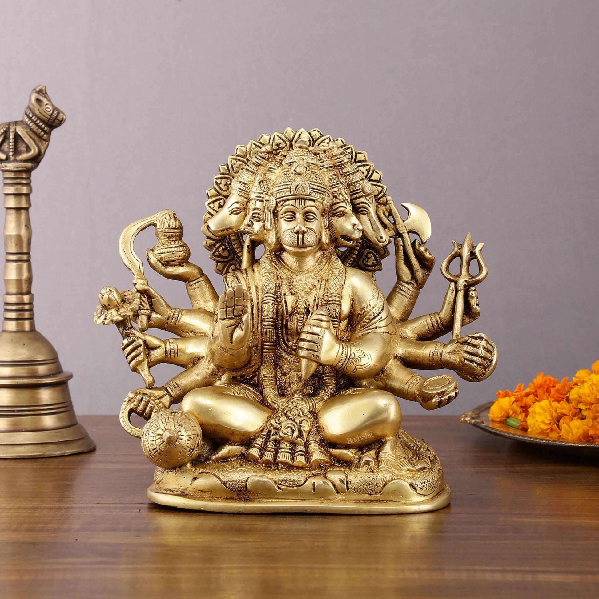 Pure Brass Superfine Panchmukhi Hanuman Statue - 8" Divine Protection and Strength - Sama Homes Idol - Brass Sculpture - Eco-friendly - Sama Homes