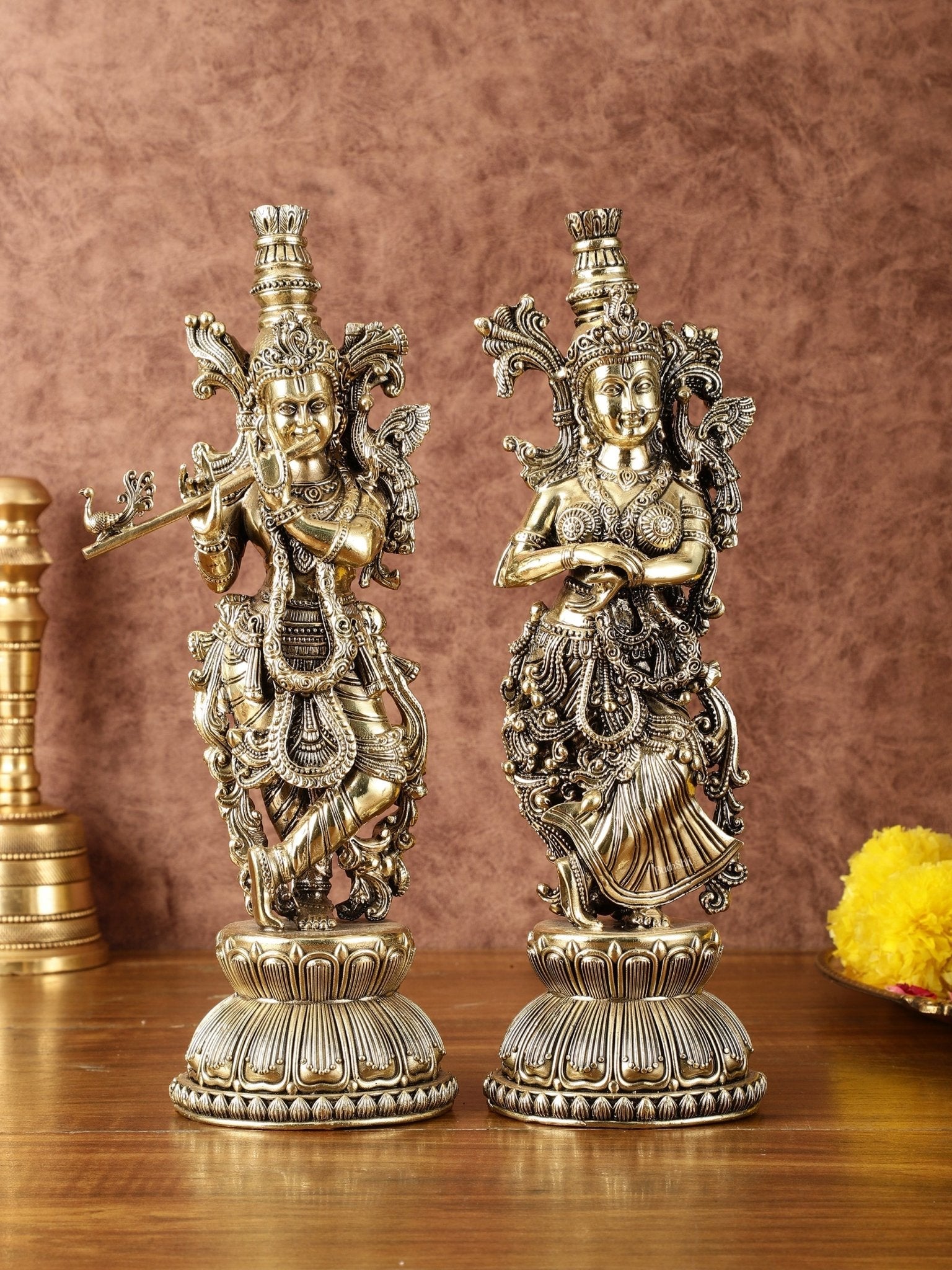 Pure Brass Superfine Radha Krishna Idols - Intricately Carved - 11" Tall - Sama Homes Idol - Brass Sculpture - Eco-friendly - Sama Homes