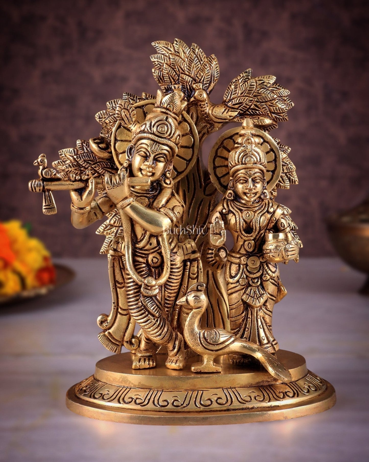 Pure Brass Superfine Radha Krishna Standing Under Kalpavriksha Statue - Sama Homes Idol - Brass Sculpture