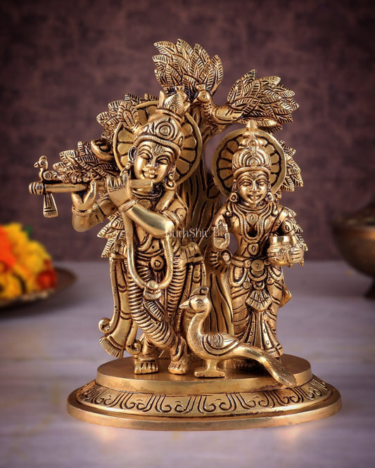 Pure Brass Superfine Radha Krishna Standing Under Kalpavriksha Statue - Sama Homes Idol - Brass Sculpture
