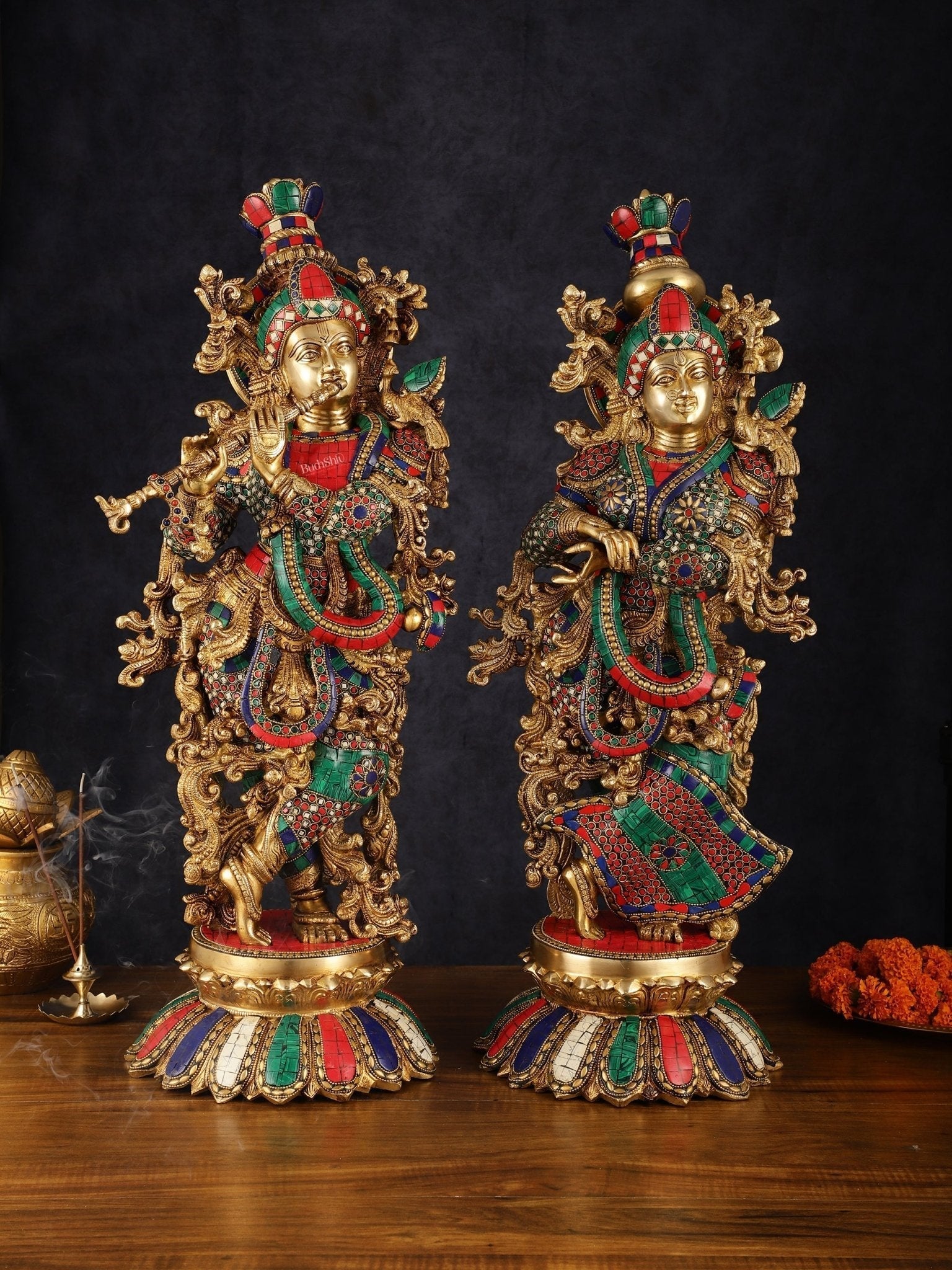 Pure Brass Superfine Radha Krishna Statue with Stonework, 27" Height, 40 KG - Sama Homes Idol - Brass Sculpture - Eco-friendly - Sama Homes