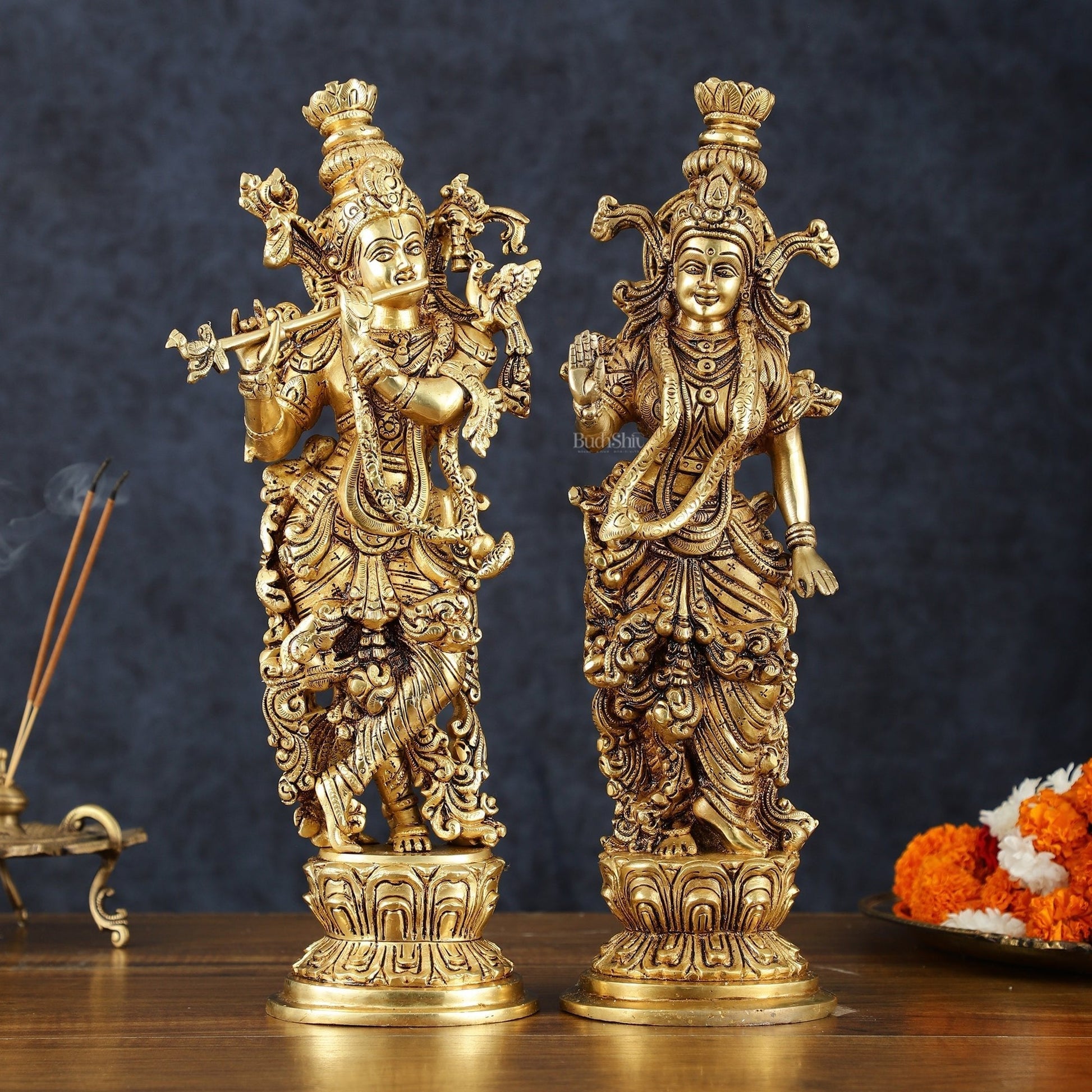 Pure Brass Superfine Radha Krishna Statues – 14" Height, Finely Carved with Sharp Features - Sama Homes Idol - Brass Sculpture - Eco-friendly - Sama Homes