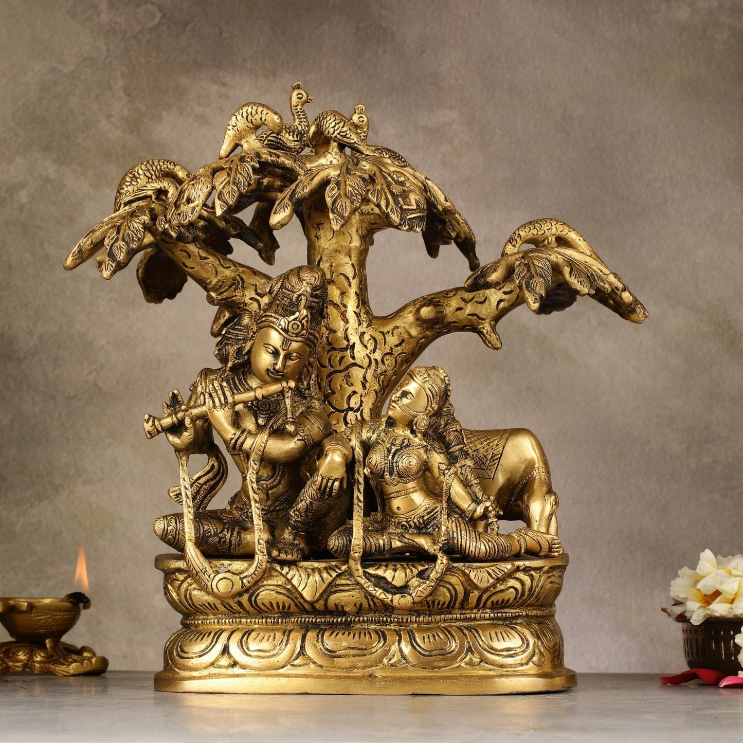 Pure Brass Superfine Radha Krishna Under Tree Idol - 10 - Sama Homes Idol - Brass Sculpture